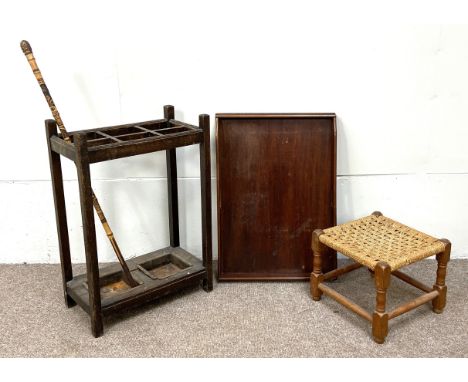 Small woven stool, umbrella stand, walking stick and a Butlers tray