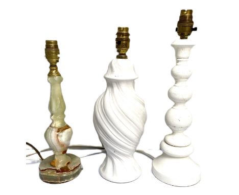 Nine assorted modern table lamp bases, including a Chinese style baluster vase shaped lamp and a wicker basket, painted stool