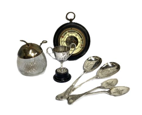 Assorted items, including a small aneroid barometer, a condiment jar in form of apple, assorted plated spoons and a small tro