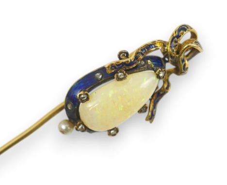 A late Victorian gold, white opal, seed pearl diamond chip and blue enamel set stick pin, with ribbon bow surmount, the pear 