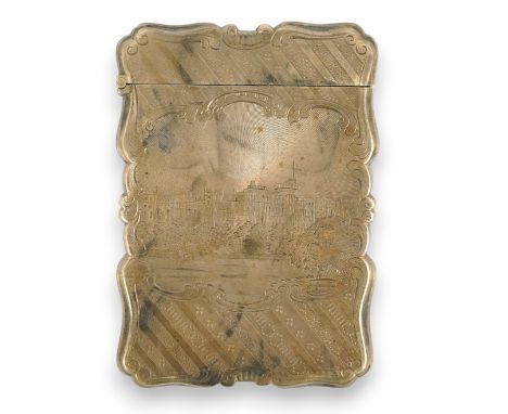 An early Victorian silver card case, by Nathaniel Mills, engraved with scene of Windsor Castle, with engraved monogram, Birmi