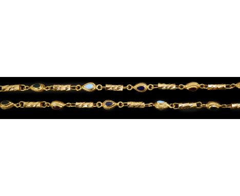 A modern Middle Eastern gold and polychrome enamel set necklace, with bright cut engraved links, 92cm, gross weight 39.3 gram