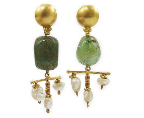 A pair of modern Italian 850 standard gold, jade and pearl set drop earrings, retailed by Massimo Maria Melis, Rome, overall 