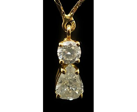 A modern gold and two stone diamond pendant, set with pearl and round cut stones, 13mm, on an Italian 18k gold fine link chai