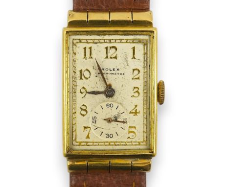A gentleman's 1930's 18ct gold Rolex Chronometre manual wind wrist watch, with rectangular Arabic dial and subsidiary seconds