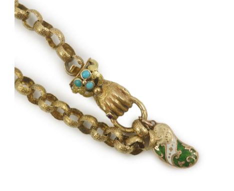 An early 19th century gold circular link muff chain, with gem set hand clasp, and hung with a late 9ct and enamel charm, 134c