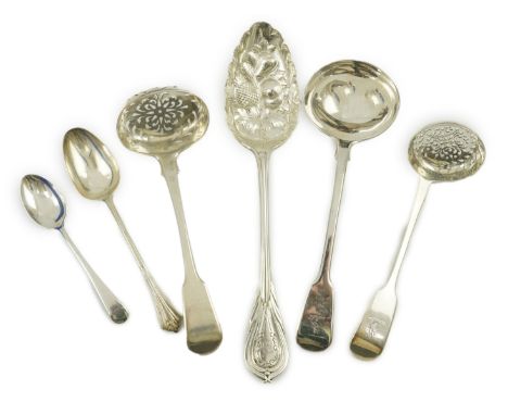 Five Victorian silver 'berry spoons, John Gamage?, Birmingham, 1856, together with eight other silver spoons including two si