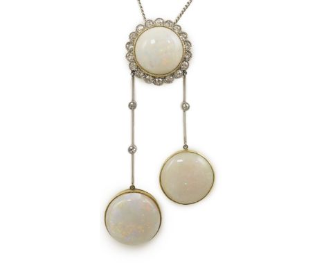 A Belle Epoque platinum and gold, white opal and millegrain set diamond double drop pendant necklace, the chain by Child and 
