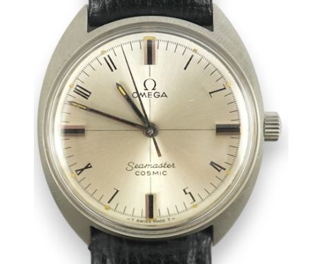 A gentleman's stainless steel Omega Seamaster Cosmic manual wind wrist watch, with baton and Arabic numerals, case diameter 3