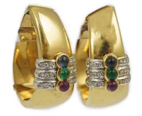 A large modern pair of Mappin &amp; Webb 18ct gold, cabochon ruby, emerald and sapphire and diamond chip set oval loop earrin