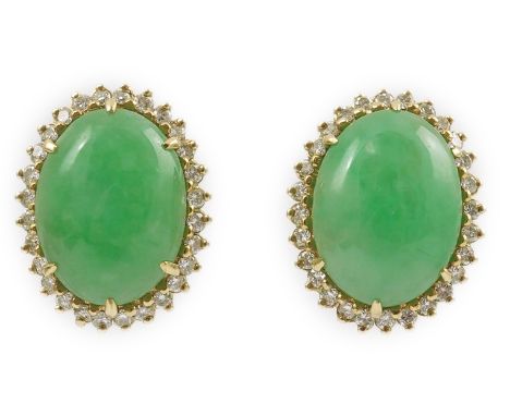 A pair of mid 20th century gold, cabochon jade and diamond cluster set oval earrings, 18mm, gross weight 8.6 grams.  Overall 