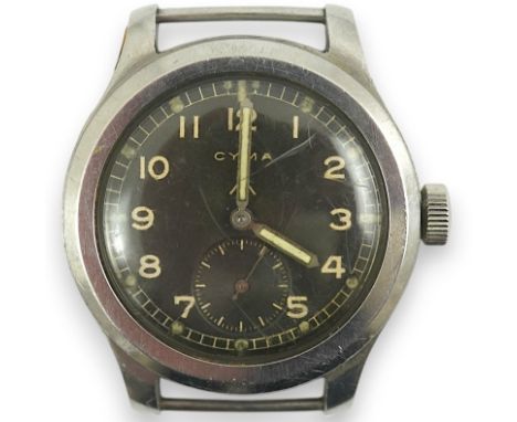 A gentleman's WWII military issue steel Cyma (Dirty Dozen) manual wind wrist watch, with black Arabic dial with broad arrow a