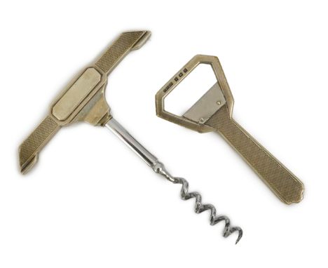 A cased 1930's Art Deco silver corkscrew and bottle opener set, by G.W. Lewis &amp; Co, Birmingham, 1933/1937, corkscrew 11.1