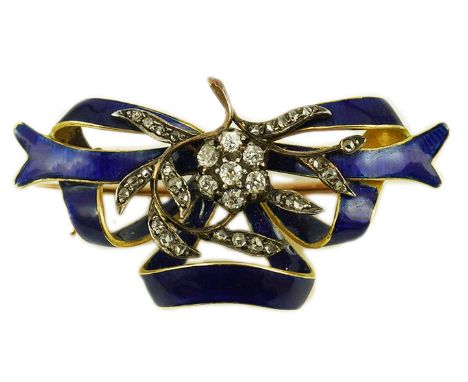 A Victorian gold, diamond cluster and blue enamel set ribbon bow brooch, 37mm, gross weight 7.8 grams.  Overall condition is 