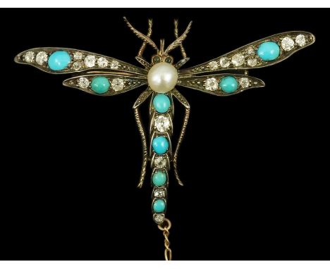A late Victorian gold and silver, diamond, turquoise and pearl set dragonfly brooch, cabochon set eyes, wing span 58mm, with 