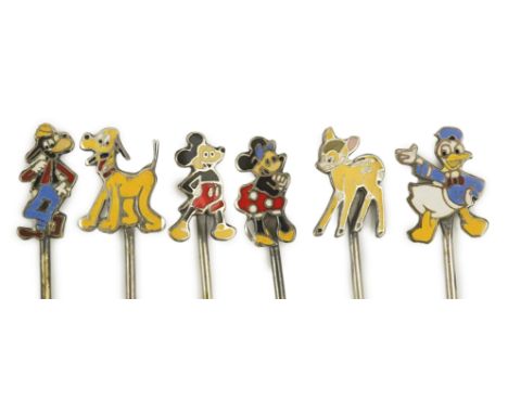 A cased set of six enamelled sterling Disney Character cocktail sticks, including Mickey Mouse, Donald Duck and Pluto, 76mm. 