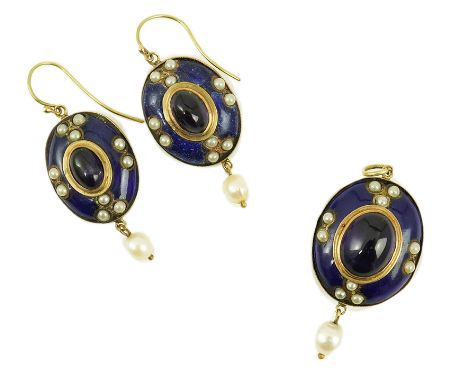 A Victorian gold, cabochon amethyst, enamel and seed pearl set lapis lazuli suite of jewellery, comprising a drop pendant, 28