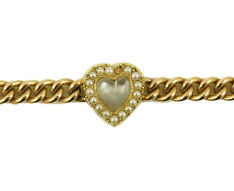 A late Victorian 15ct gold curb link bracelet, with central moonstone and seed pearl set heart shaped motif, 18cm, gross weig