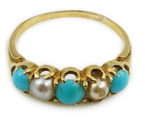 An early 20th century gold, three stone turquoise and two stone split pearl set half hoop ring, size Q, gross weight 2.5 gram