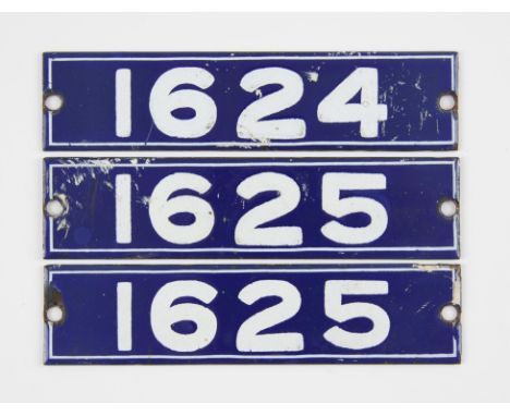 Set of London Underground enamel stock-number plates from 1962 Central Line. One matching pair (1625), and no. 1624. (3). Pro