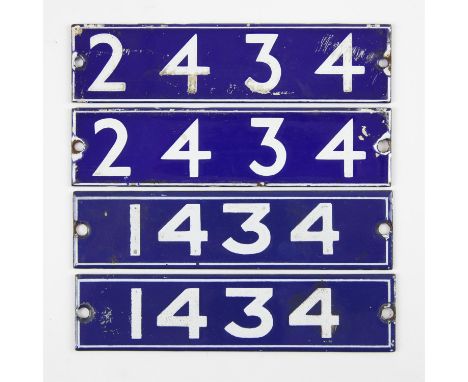 Set of London Underground enamel stock-number plates, from 1962 Central Line. Comprising two matching pairs (1434 and 2434). 