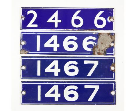 Set of London Underground enamel stock-number plates, from 1962 Central Line. One matching pair (1467), and nos. 1466 (damage