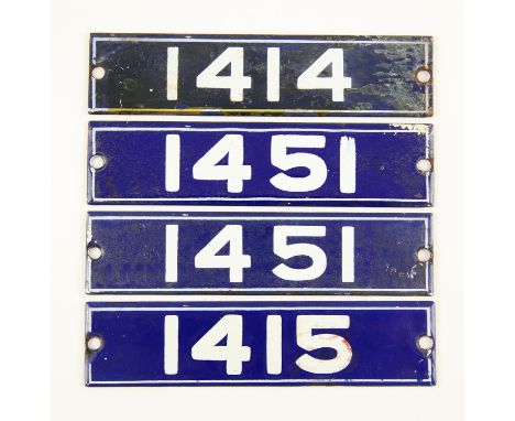 Set of London Underground enamel stock-number plates from 1962 Central Line. Matching pair (1451), and nos. 1414, 1415. Prove