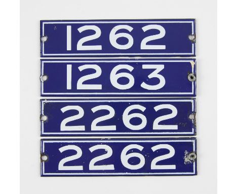 Set of London Underground enamel stock-number plates, from 1959. One matching pair (2262), with nos. 1262, 1263. (4). Provena