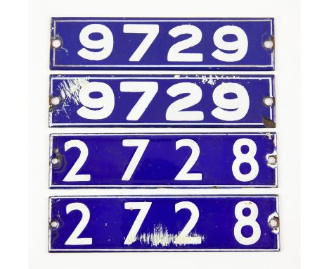 Set of London Underground enamel stock-number plates from 1962 Central Line. Two matching pairs (2728 and 9729). Provenance: 