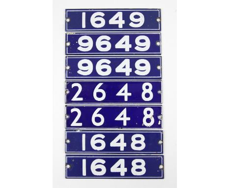Set of London Underground enamel stock-number plates, from 1962 Central Line. Comprising three matching pairs (1648, 2648, 96