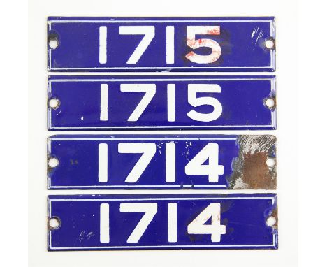 Set of London Underground enamel stock-number plates from 1962 Central Line. Matching pairs (1714 and 1715). Provenance: The 