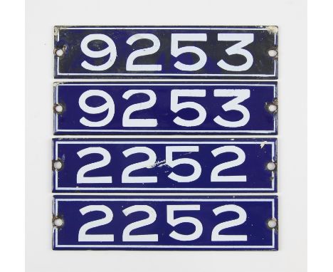 Set of London Underground enamel stock-number plates, from 1959. Two matching pairs (2252 and 9253). (4). Provenance: The ven