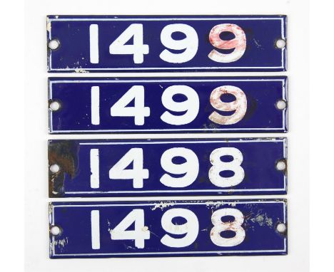 Set of London Underground enamel stock-number plates, from Central Line 1962. Two matching pairs (1498 and 1499) (4). Provena