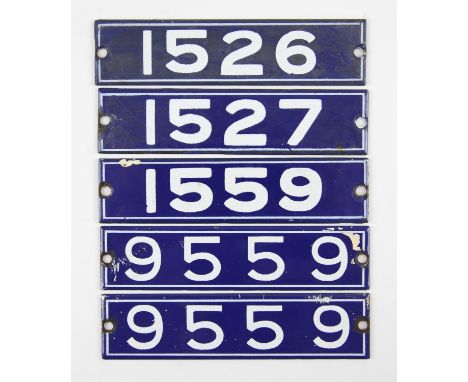 Set of London Underground enamel stock-number plates, from 1962 Central Line. Comprising one matching pair (9559), 1559, 1526