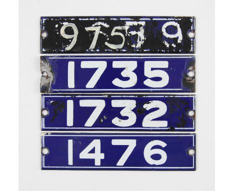 Set of London Underground enamel stock-number plates from 1962 Central Line. Nos. 1476, 1732, 1735, 9759 (badly damaged). (4)
