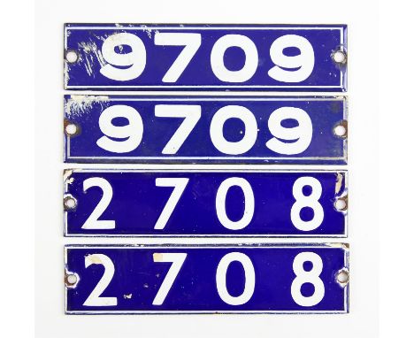 Set of London Underground enamel stock-number plates from 1962 Central Line. Two matching pairs (2708 and 9709). Provenance: 