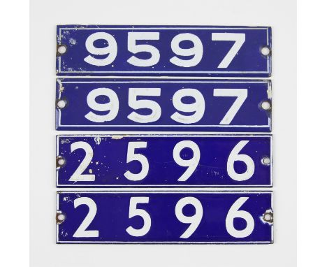 Set of London Underground enamel stock-number plates, from 1962 Central Line. Two matching pairs (2596 and 9597). (4). Proven