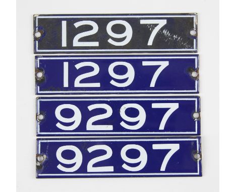 Set of London Underground enamel stock-number plates,  from 1959. Two matching pairs (1297 and 9297). (4). Provenance: The ve