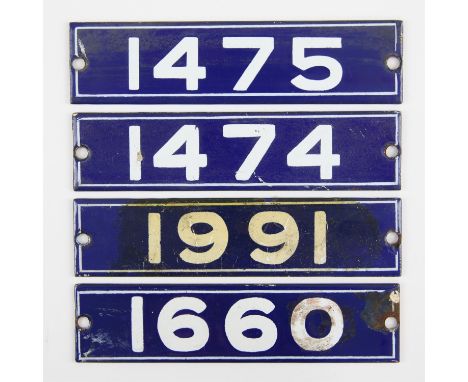Set of London Underground enamel stock-number plates from 1962 Central Line. Nos. 1474, 1475, 1660, 1661. Provenance: The ven