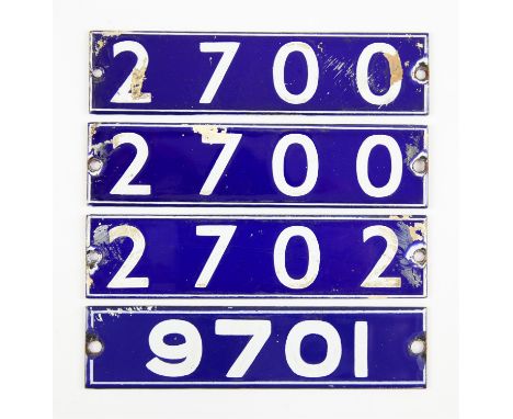 Set of London Underground enamel stock-number plates from 1962 Central Line. One matching pair (2700), and nos. 2702 and 9701