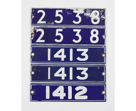 Set of London Underground enamel stock-number plates. 1962 Central Line. Comprising two matching pairs (1413 and 2538), and n