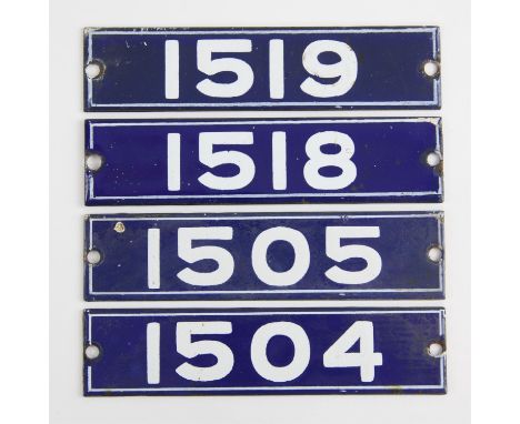 Set of London Underground enamel stock-number plates from 1962 Central Line. Nos. 1504, 1505, 1518, 1519. Provenance: The ven