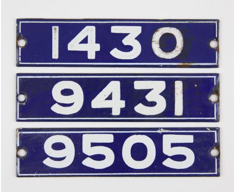 Set of London Underground enamel stock-number plates from 1962 Central Line. Nos. 1430, 9431, 9505. Provenance: The vendor wo