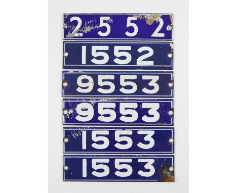 Set of London Underground enamel stock-number plates from 1962 Central Line. Two matching pairs (1553 and 9553), and nos. 155