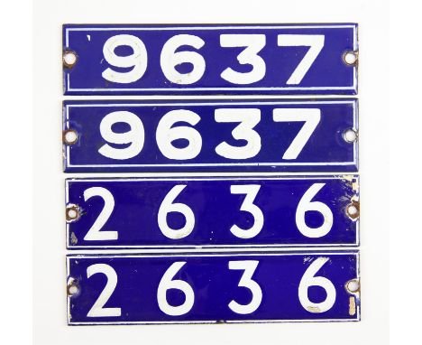 Set of London Underground enamel stock-number plates, from 1962 Central Line. Two matching pairs (2636 and 9637). (4). Proven