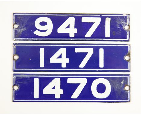 Set of London Underground enamel stock-number plates from 1962 Central Line. Nos. 1470, 1471, 9471. Provenance: The vendor wo