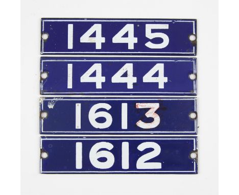 Set of London Underground enamel stock-number plates, from 1962 Central Line. Nos. 1612, 1613, 1444, 1445. (4). Provenance: T