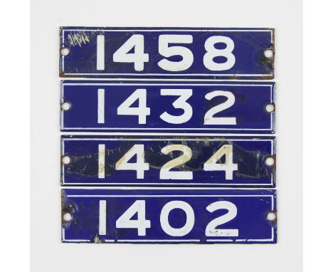 Set of London Underground enamel stock-number plates from 1962 Central Line. Nos. 1402, 1424, 1432, 1458. (4). Provenance: Th