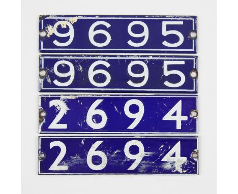 Set of London Underground enamel stock-number plates. Central Line 1962. Comprising two matching pairs (2694 and 9695). (4). 