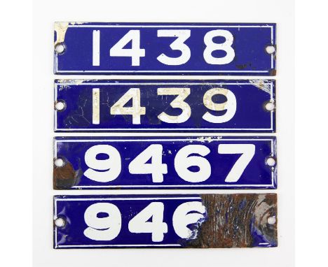 Set of London Underground enamel stock-number plates, from 1962 Central Line. One badly damaged (946...), and nos. 1438, 1439